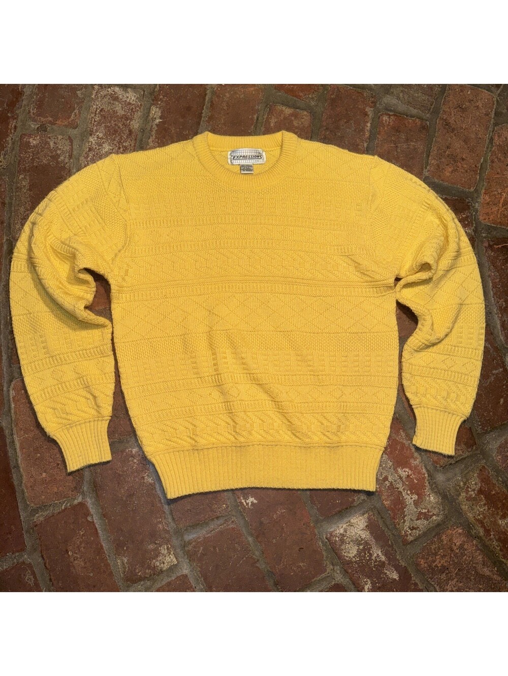 Vintage Expressions Sweater Sz L 100% Acrylic Yellow Geometric Knit 80’s